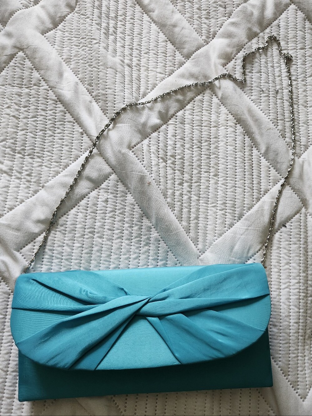 Menbur Satin Blue Evening Bag with Silver Tone Chain